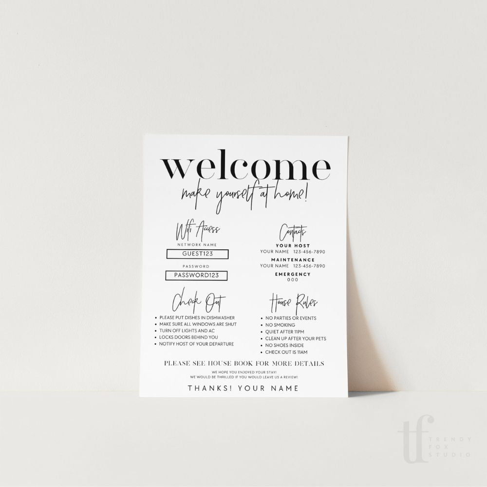 Airbnb Welcome Sign Template, 1 Page Editable Short Term Rental Poster Printable | Dusk - Trendy Fox Studio