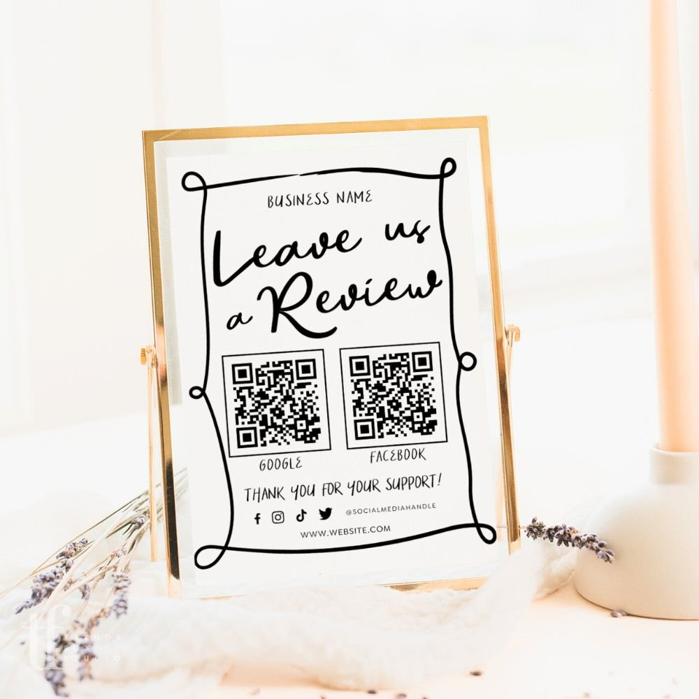 Ask For A Review Sign Canva Template, Whimsical Hand Drawn Wavy Border | Rose - Trendy Fox Studio