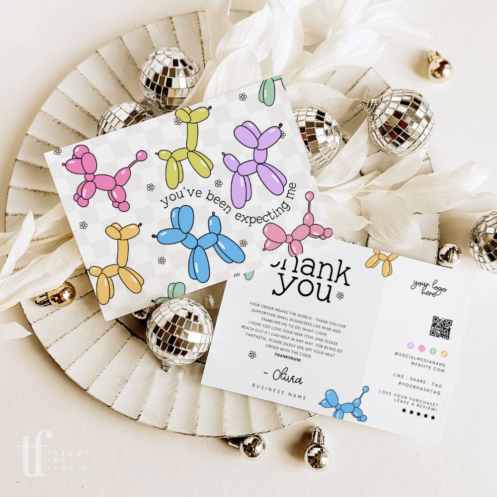 Balloon Dogs Rainbow Business Thank You Card with QR Code Canva Template - Trendy Fox Studio