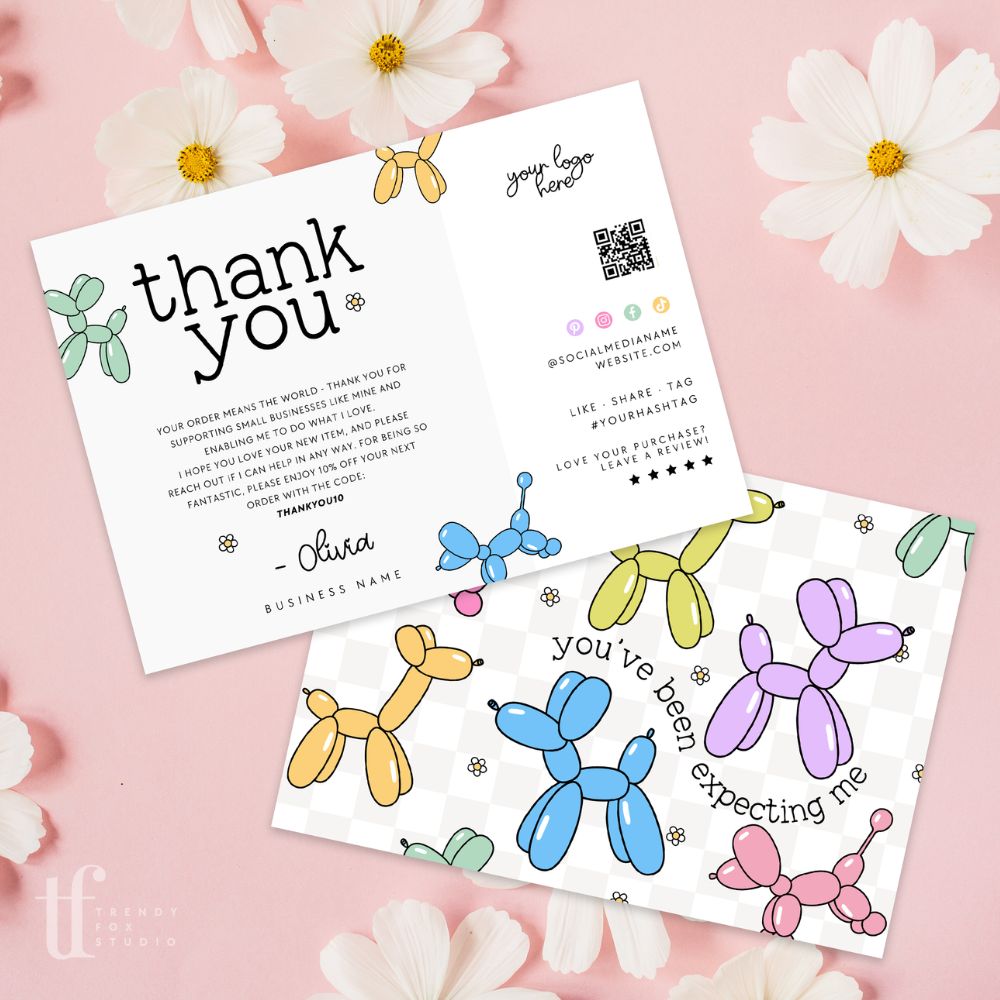 Balloon Dogs Rainbow Business Thank You Card with QR Code Canva Template - Trendy Fox Studio