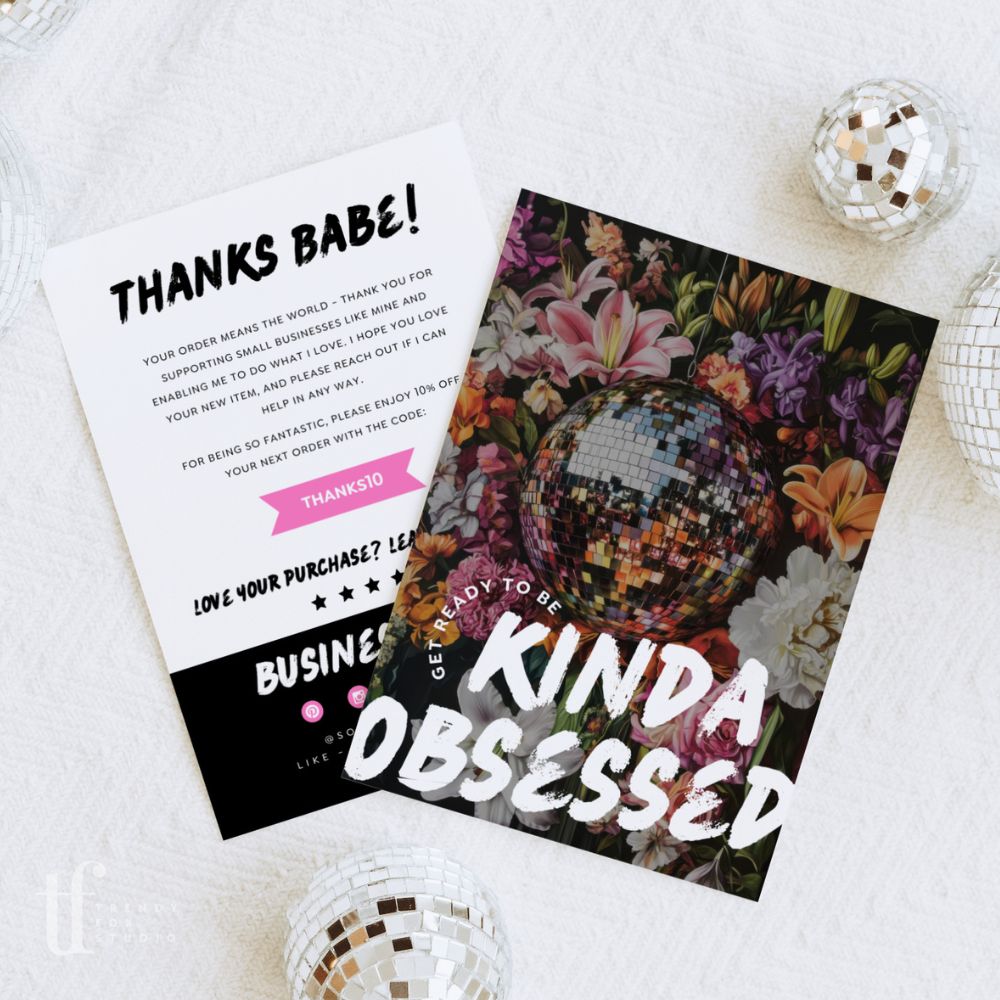 Bold Disco Ball Floral Business Thank You Card Canva Template - Trendy Fox Studio