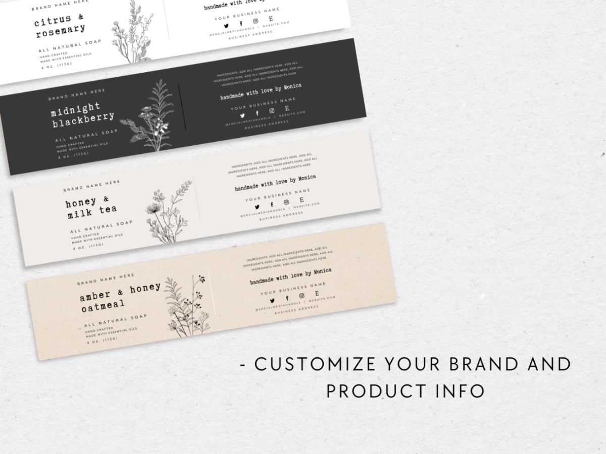 Botanical Soap Bar Wrap, Minimal Band Label Canva Template - Trendy Fox Studio