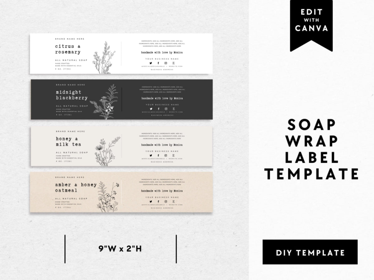 Botanical Soap Bar Wrap, Minimal Band Label Canva Template - Trendy Fox Studio