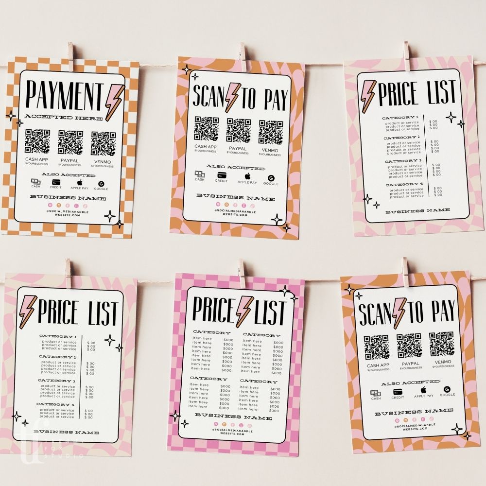 Bright Fun Price List &amp; Scan to Pay Sign Canva Template | Brooks - Trendy Fox Studio