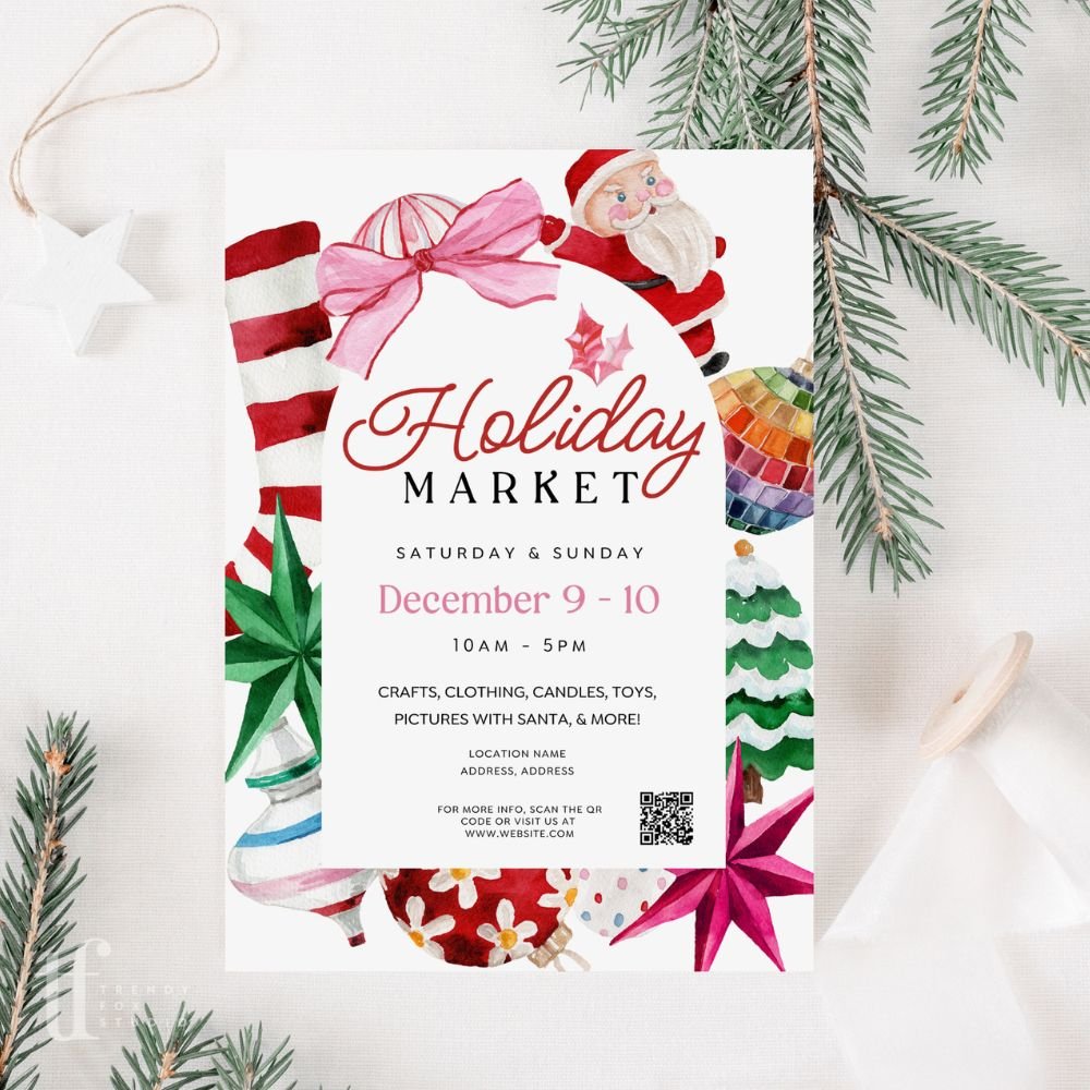 Christmas Pop - Up Event Flyer with QR Code Canva Template | Kitsch Disco Christmas - Trendy Fox Studio