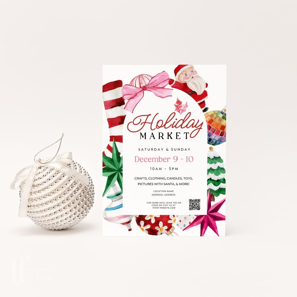 Christmas Pop - Up Event Flyer with QR Code Canva Template | Kitsch Disco Christmas - Trendy Fox Studio