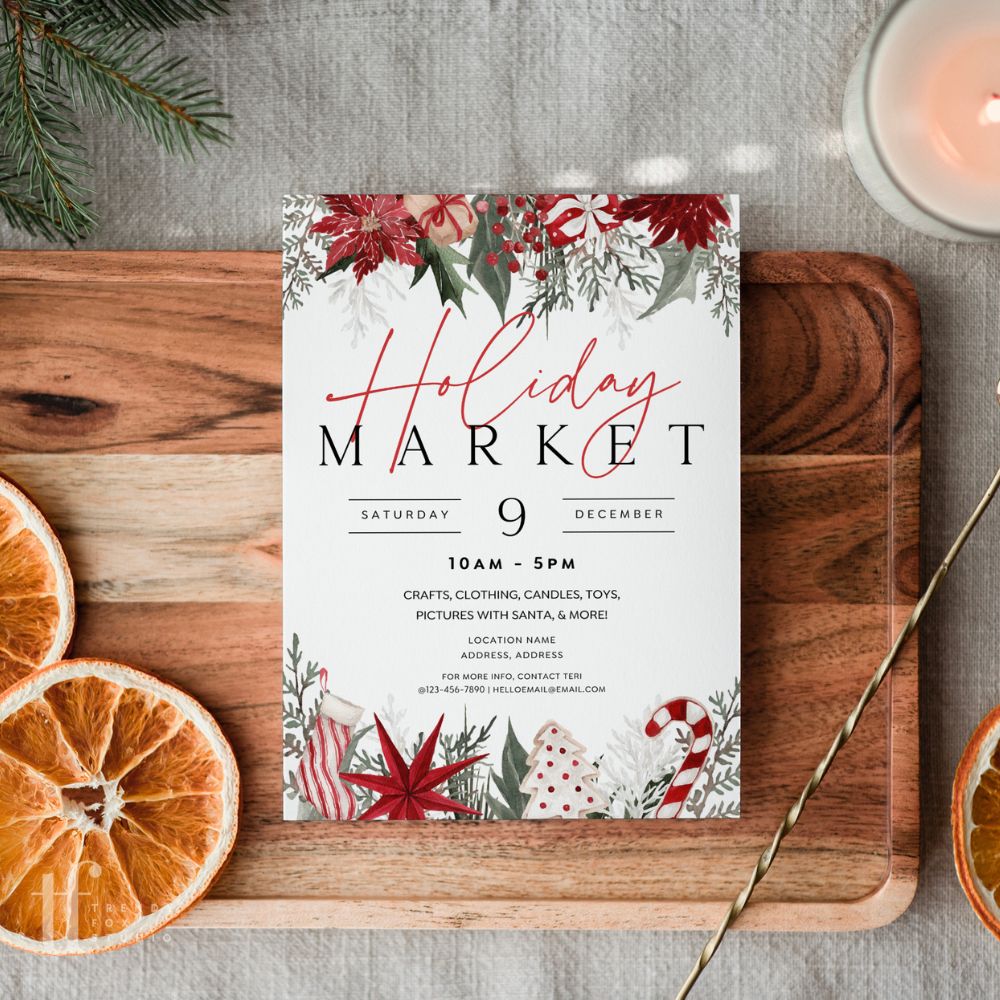 Classic Christmas Pop - Up Event Flyer Canva Template | Winter Greenery & Flowers - Trendy Fox Studio