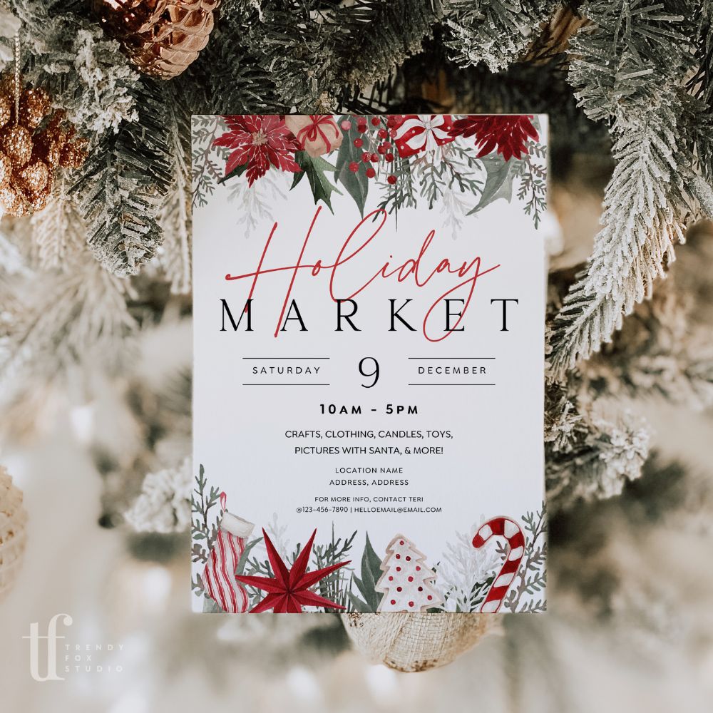 Classic Christmas Pop - Up Event Flyer Canva Template | Winter Greenery & Flowers - Trendy Fox Studio