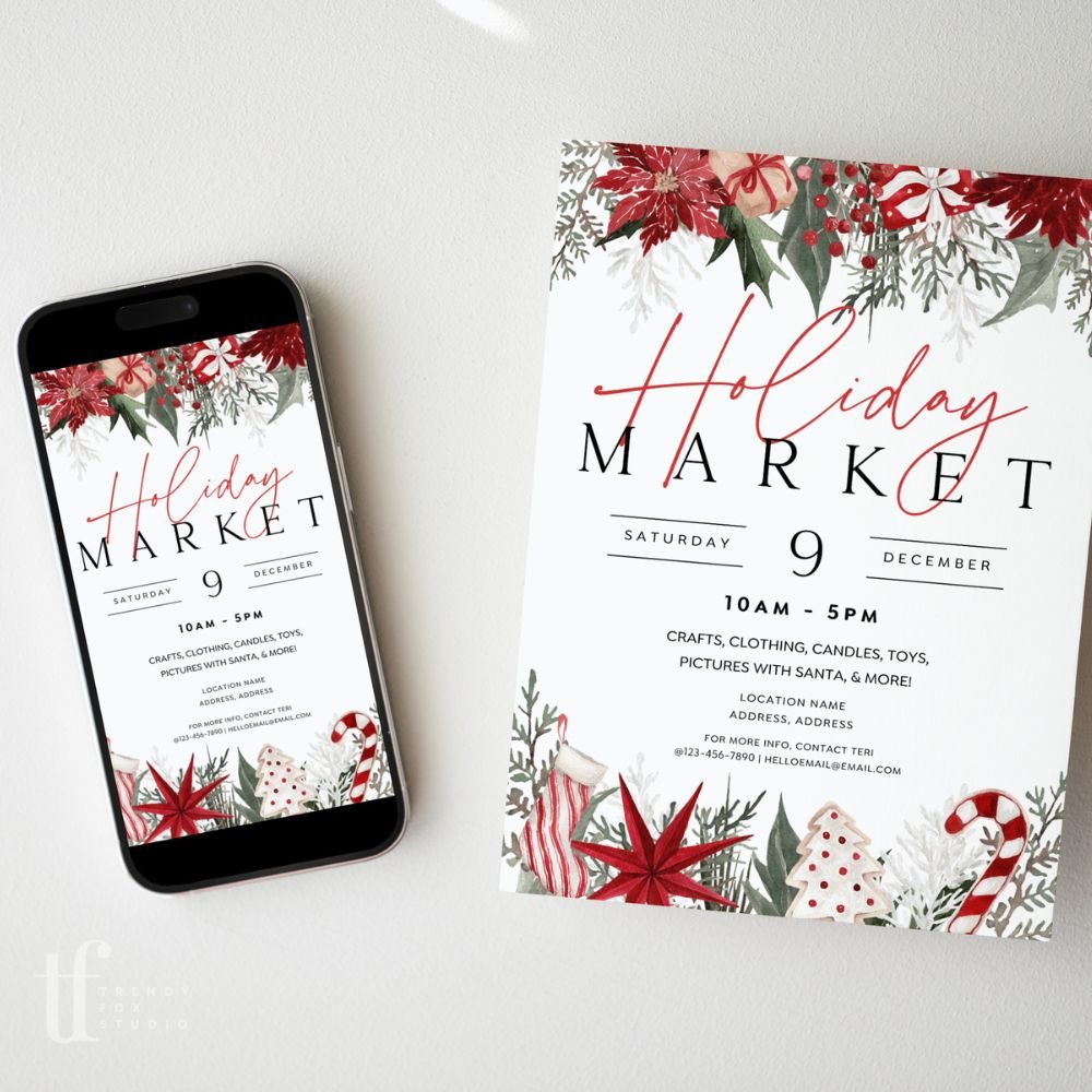 Classic Christmas Pop - Up Event Flyer Canva Template | Winter Greenery & Flowers - Trendy Fox Studio