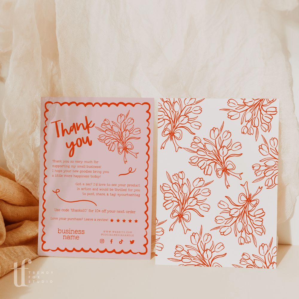 Coquette Bows Handdrawn Wavy Border Business Thank You Card Canva Template | Cielo - Trendy Fox Studio