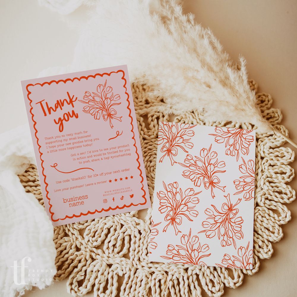 Coquette Bows Handdrawn Wavy Border Business Thank You Card Canva Template | Cielo - Trendy Fox Studio