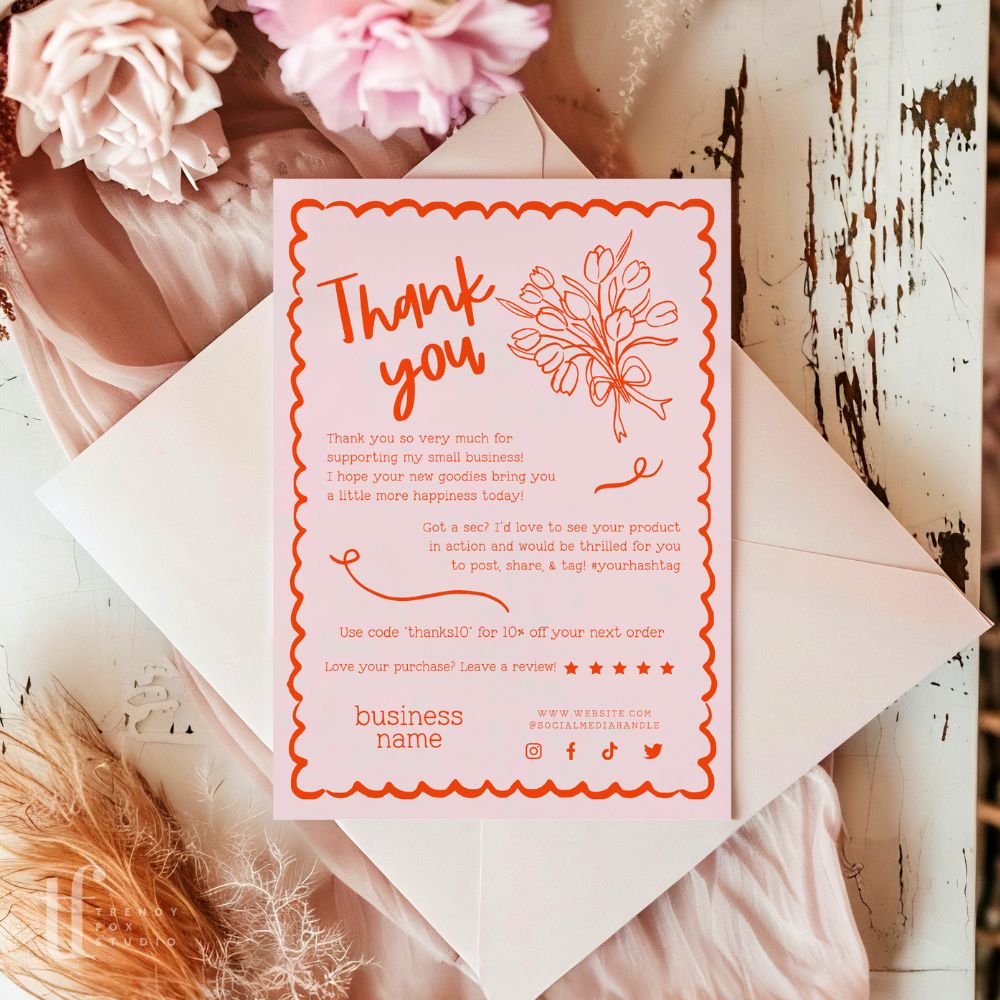 Coquette Bows Handdrawn Wavy Border Business Thank You Card Canva Template | Cielo - Trendy Fox Studio