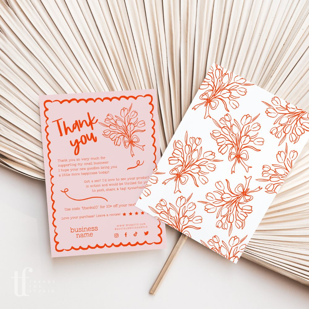 Coquette Bows Handdrawn Wavy Border Business Thank You Card Canva Template | Cielo - Trendy Fox Studio