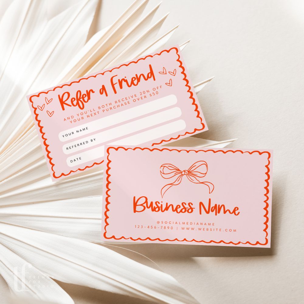 Coquette Bows Refer A Friend Discount Card Canva Template | Cielo - Trendy Fox Studio