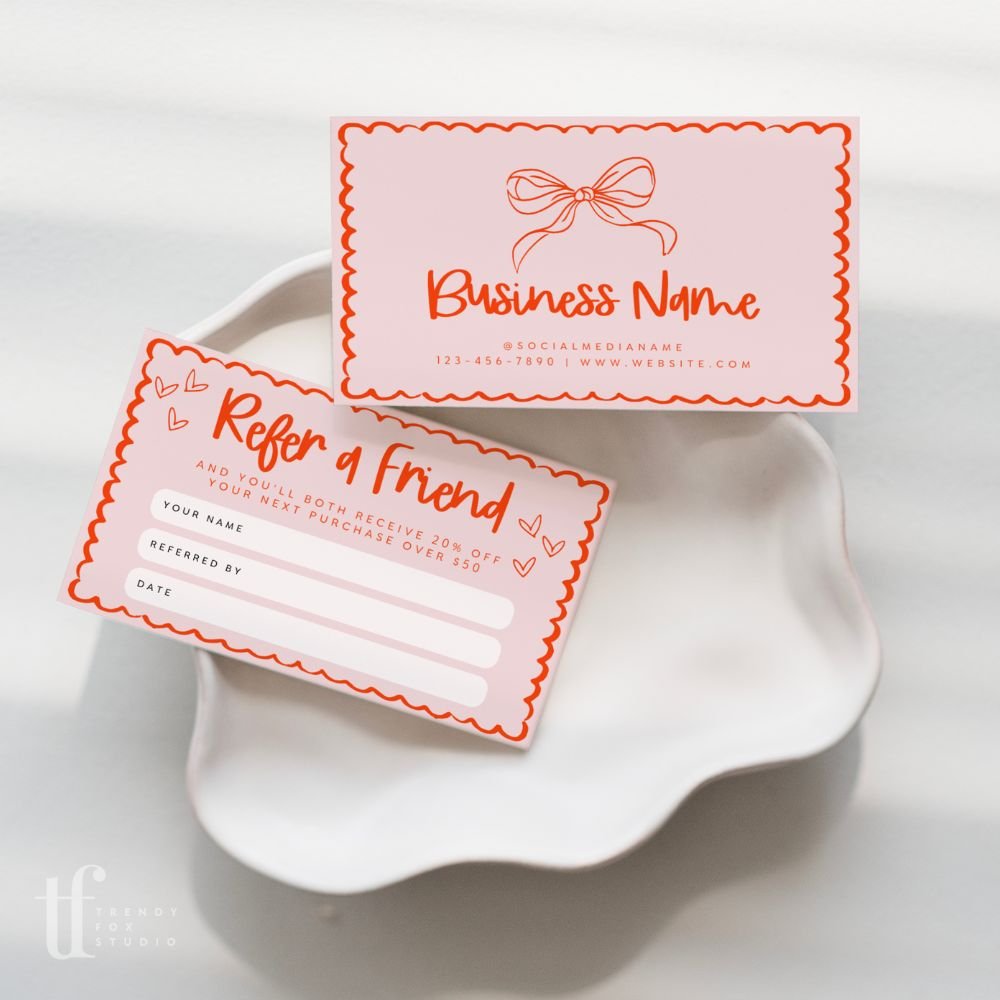 Coquette Bows Refer A Friend Discount Card Canva Template | Cielo - Trendy Fox Studio