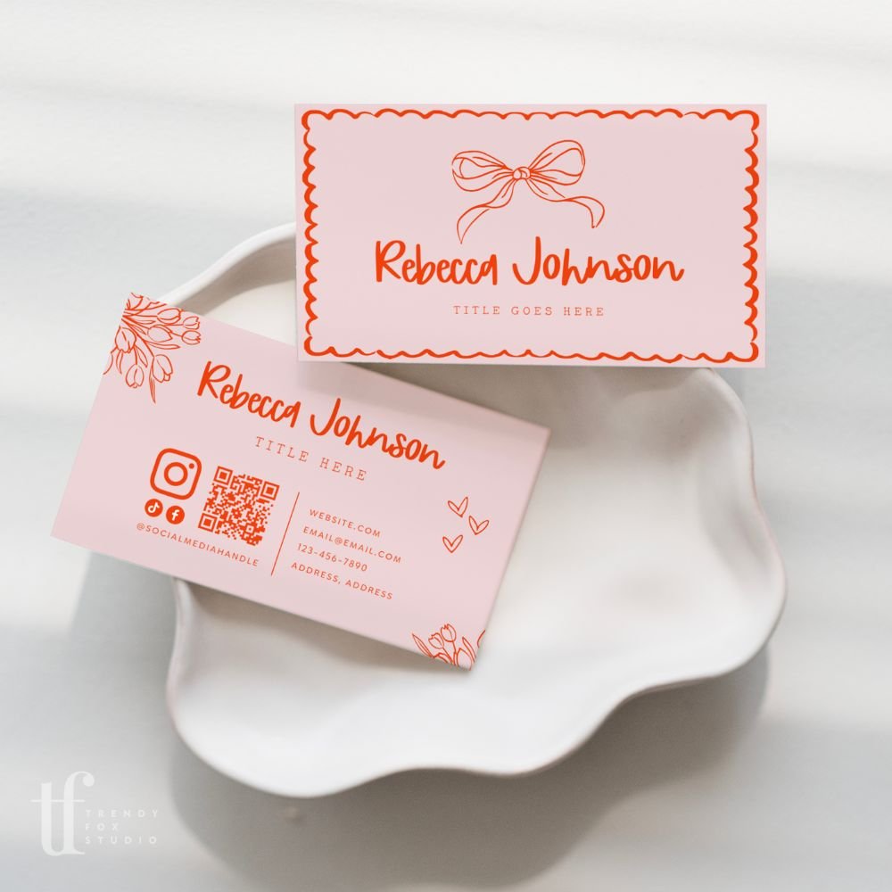 Coquette Bows Wavy Border Business Card with QR Code Canva Template | Cielo - Trendy Fox Studio