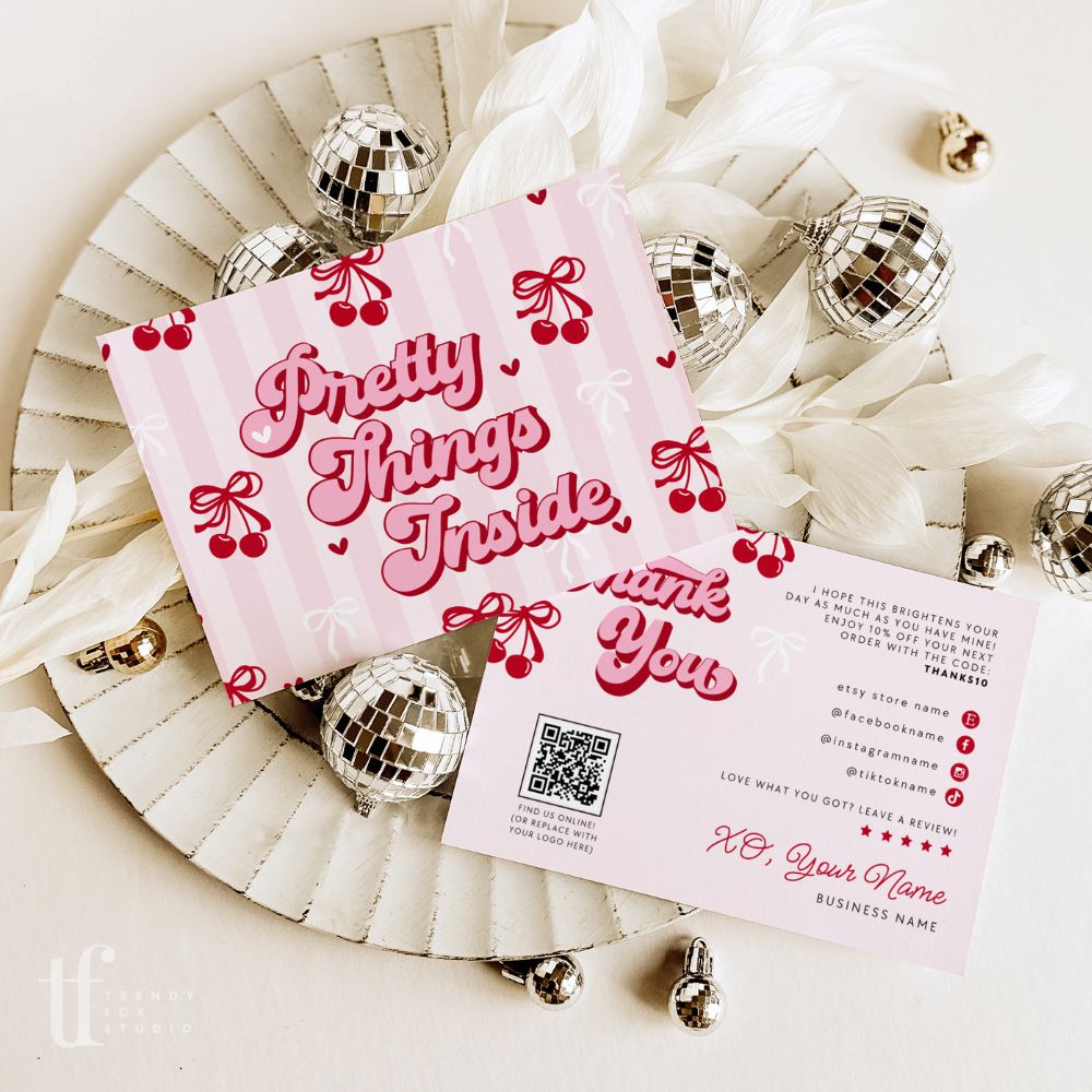 Coquette Cherries & Bows Business Thank You Card with QR Code Canva Template - Trendy Fox Studio