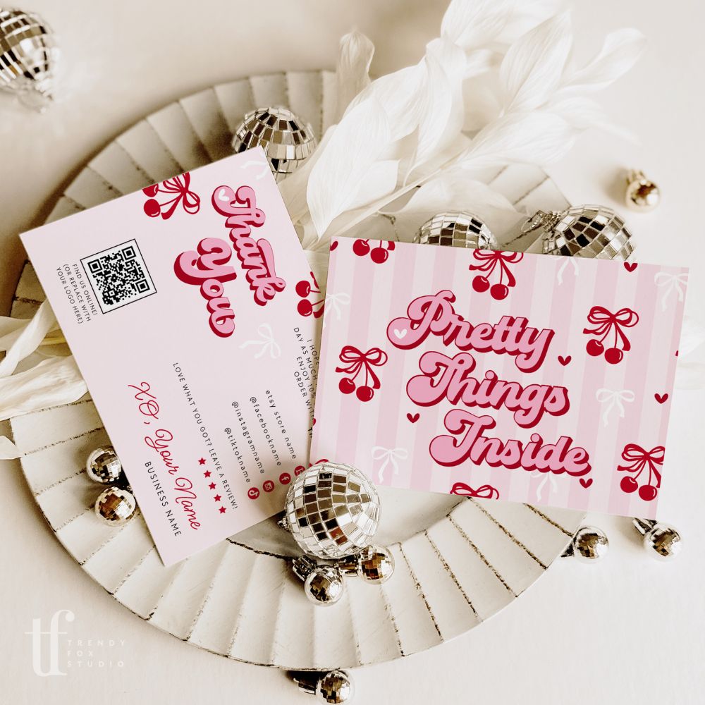 Coquette Cherries & Bows Business Thank You Card with QR Code Canva Template - Trendy Fox Studio