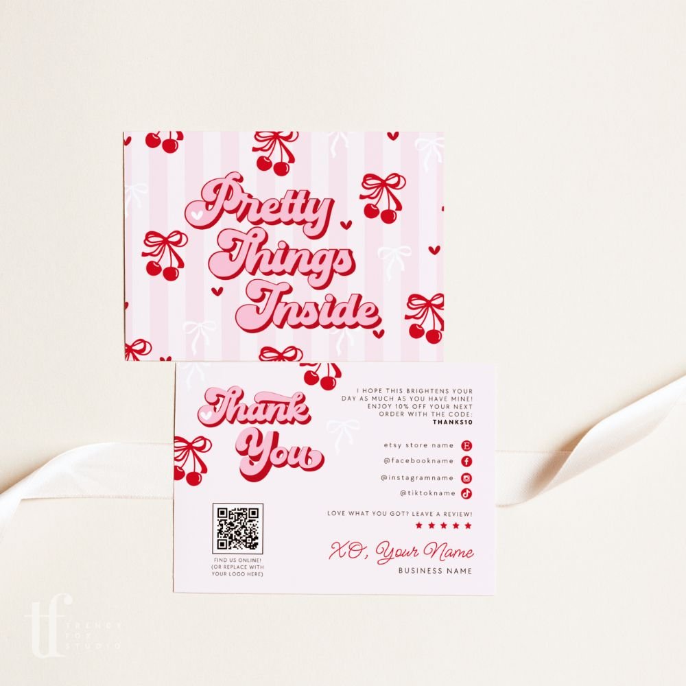 Coquette Cherries & Bows Business Thank You Card with QR Code Canva Template - Trendy Fox Studio