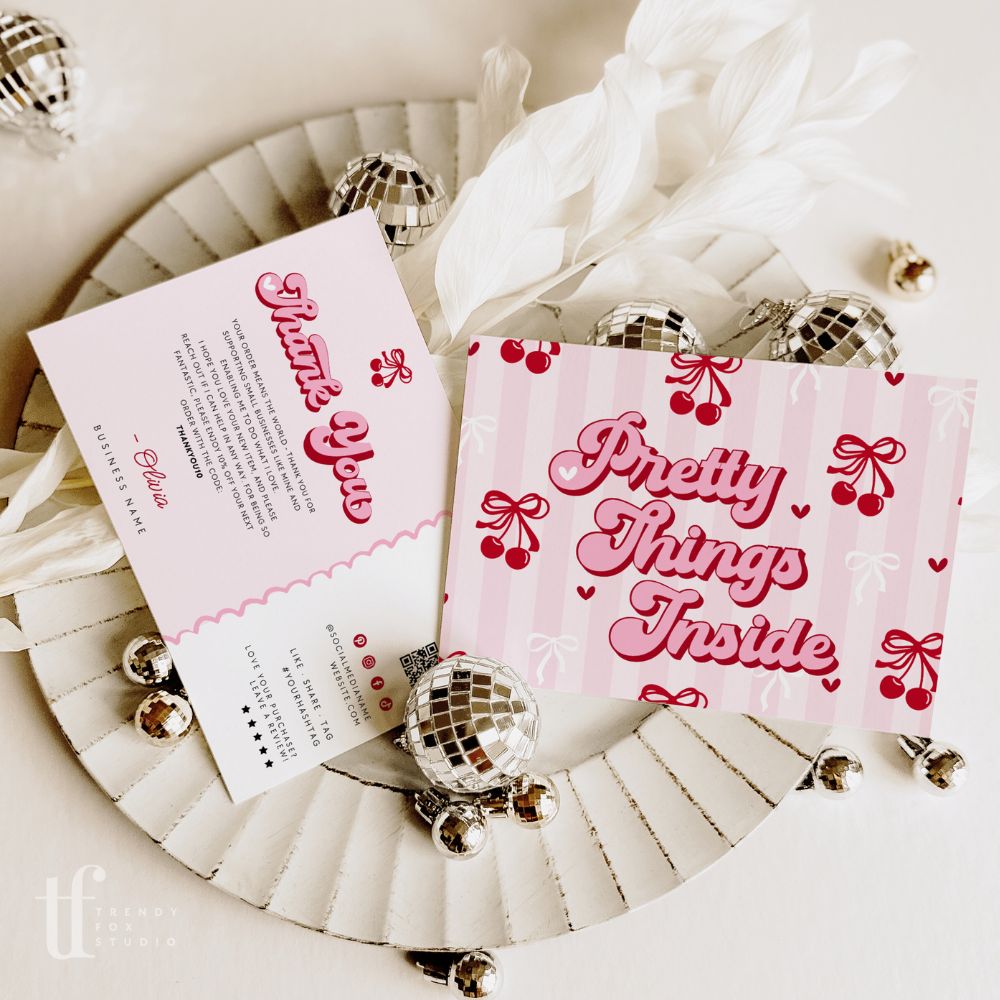 Coquette Cherries Pink Bows Business Thank You Card with QR Code Canva Template - Trendy Fox Studio