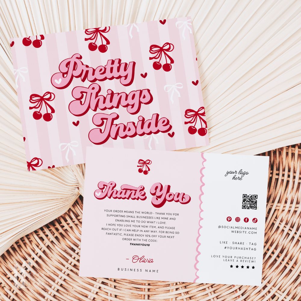 Coquette Cherries Pink Bows Business Thank You Card with QR Code Canva Template - Trendy Fox Studio