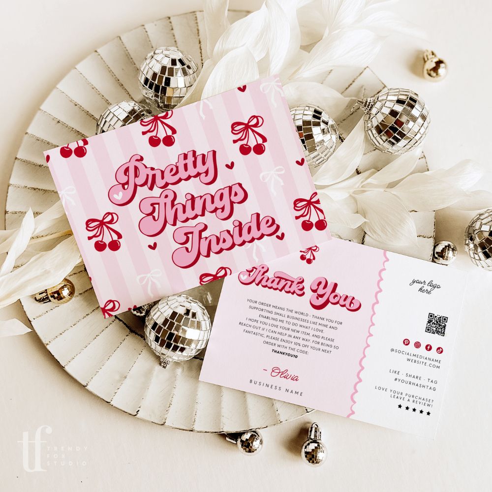 Coquette Cherries Pink Bows Business Thank You Card with QR Code Canva Template - Trendy Fox Studio