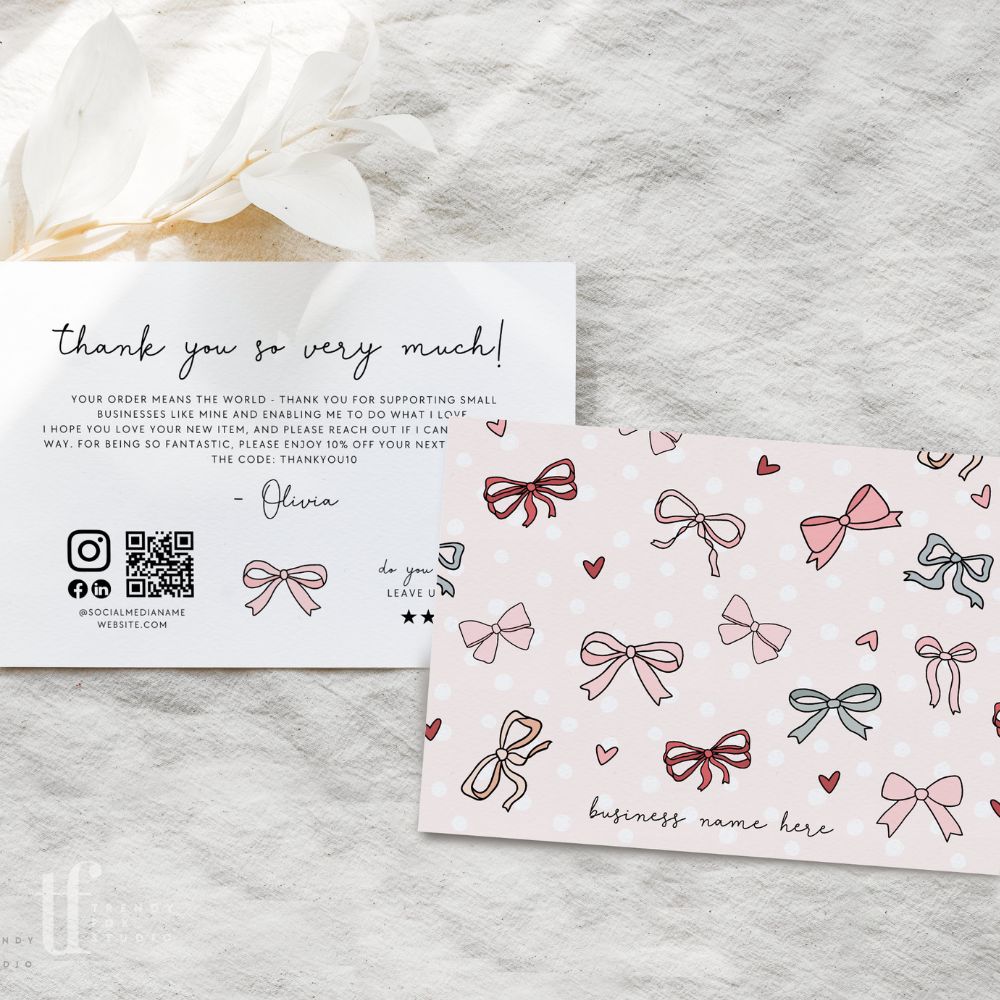 Coquette Pink Ribbons &amp; Bows Business Thank You Card with QR Code Canva Template - Trendy Fox Studio