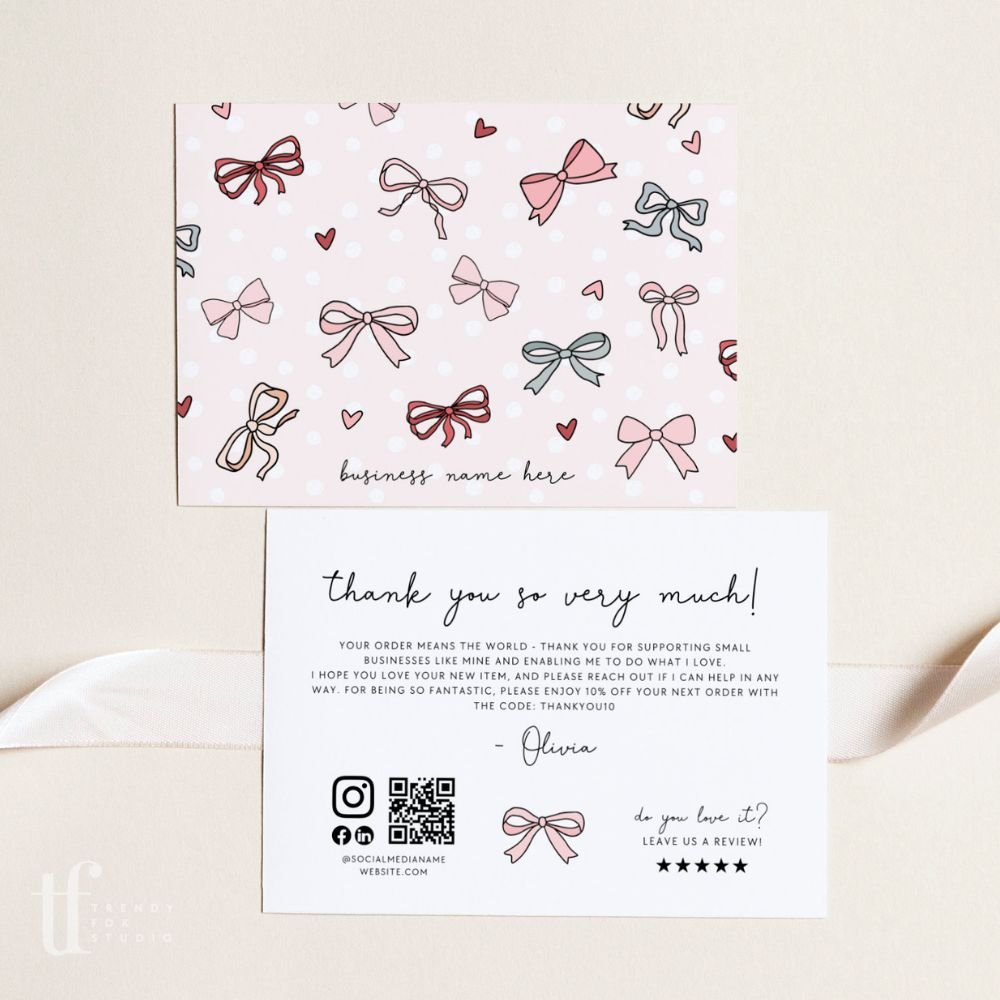 Coquette Pink Ribbons &amp; Bows Business Thank You Card with QR Code Canva Template - Trendy Fox Studio