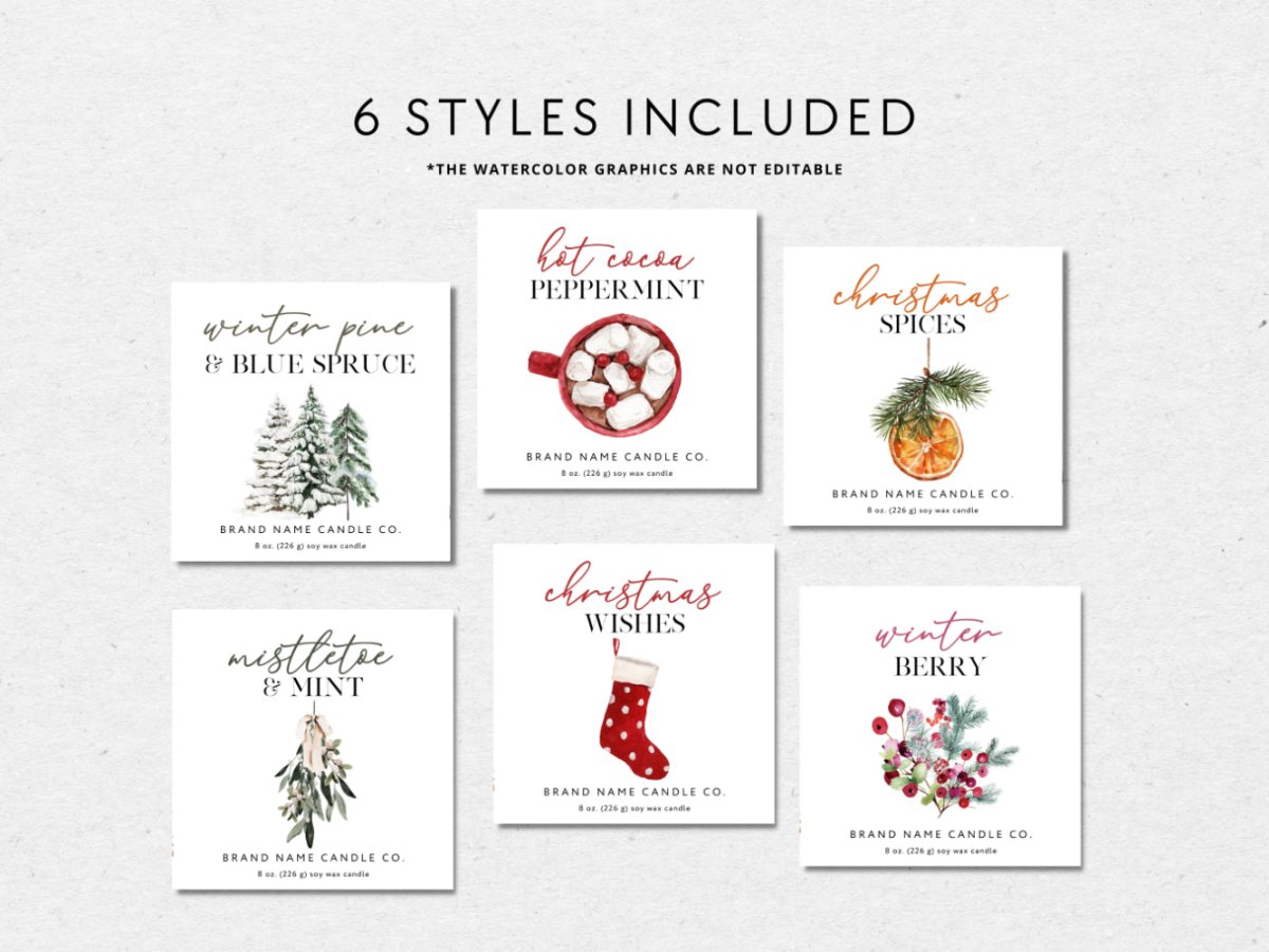 Cozy Christmas Watercolor Holiday Candle Label Canva Template - Trendy Fox Studio