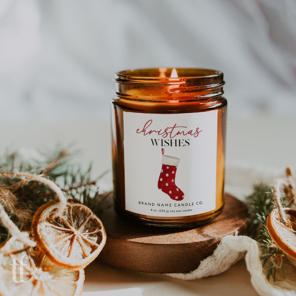 Cozy Christmas Watercolor Holiday Candle Label Canva Template - Trendy Fox Studio