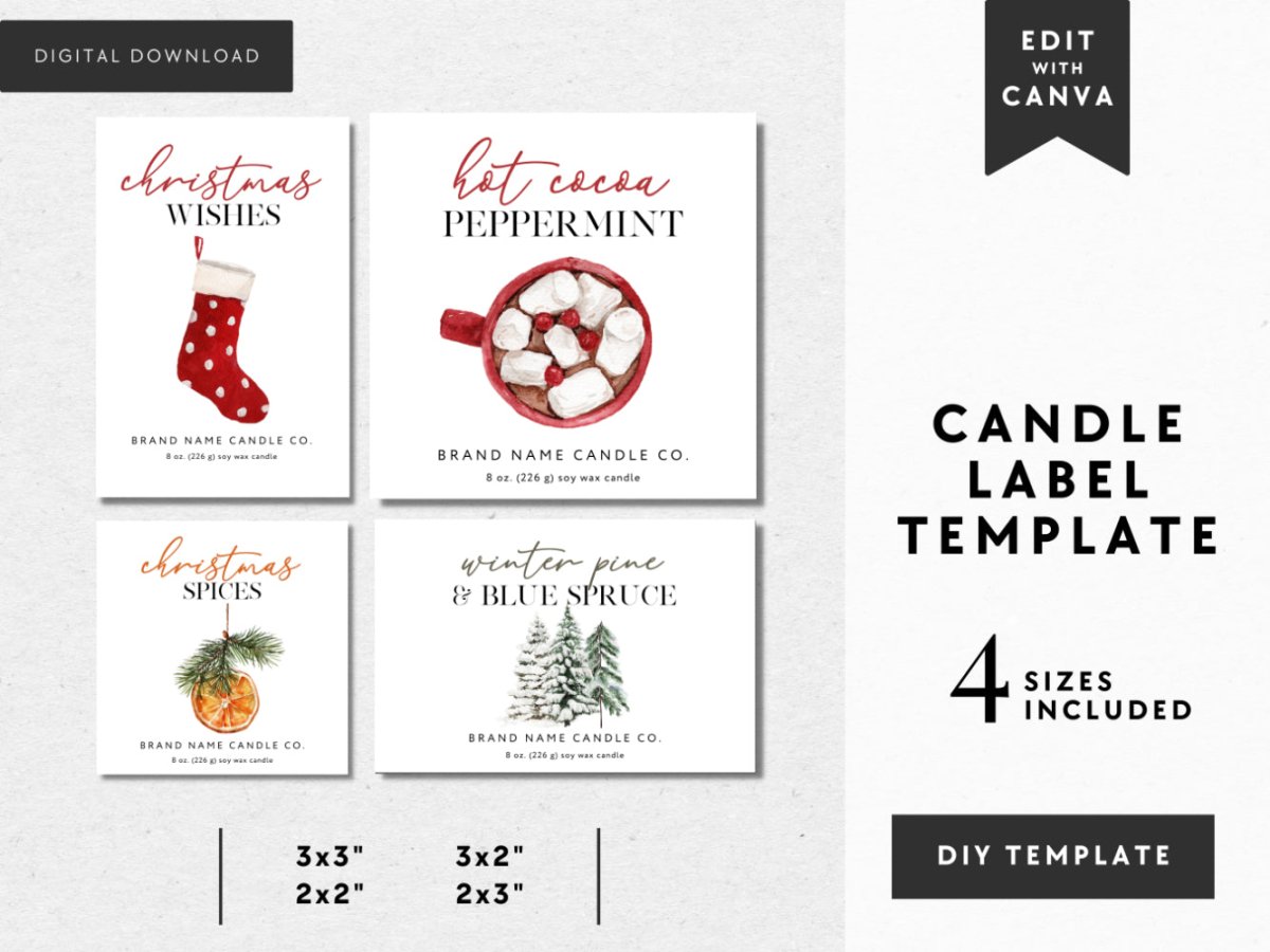 Cozy Christmas Watercolor Holiday Candle Label Canva Template - Trendy Fox Studio