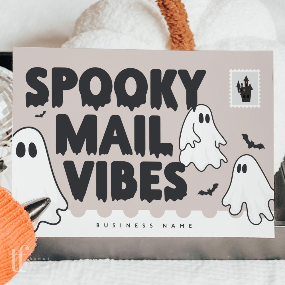 Cute Ghost Spooky Mail Vibes Halloween Business Thank You Postcard Editable Canva Template - Trendy Fox Studio