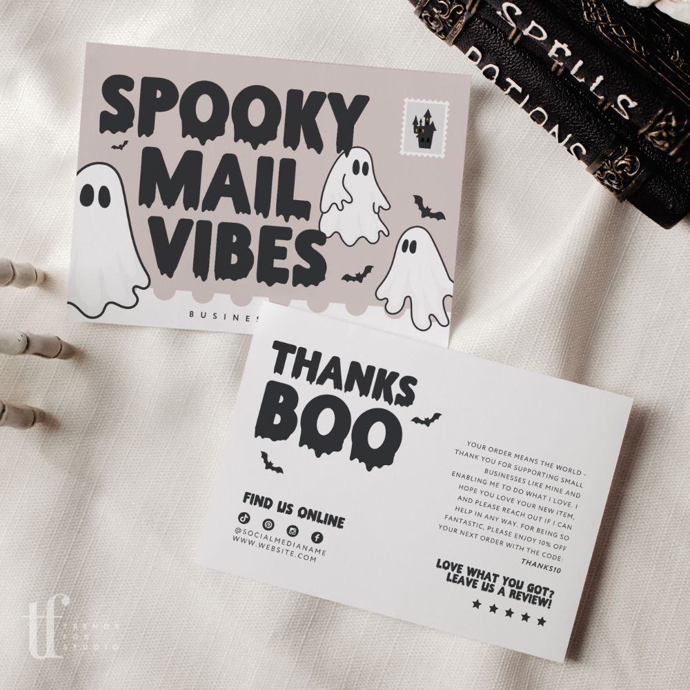 Cute Ghost Spooky Mail Vibes Halloween Business Thank You Postcard Editable Canva Template - Trendy Fox Studio