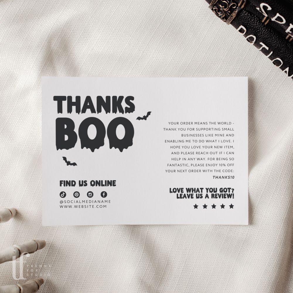 Cute Ghost Spooky Mail Vibes Halloween Business Thank You Postcard Editable Canva Template - Trendy Fox Studio