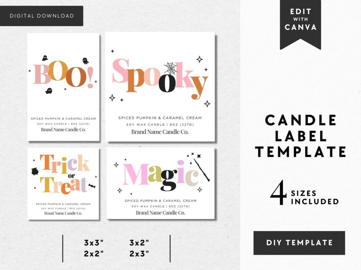 Cute Halloween Candle Label Canva Template | Rainbow Pastel - Trendy Fox Studio