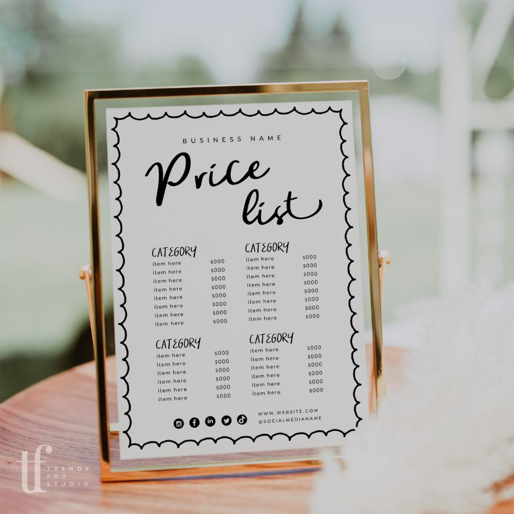 Cute Price List Menu Canva Template | Rose - Trendy Fox Studio