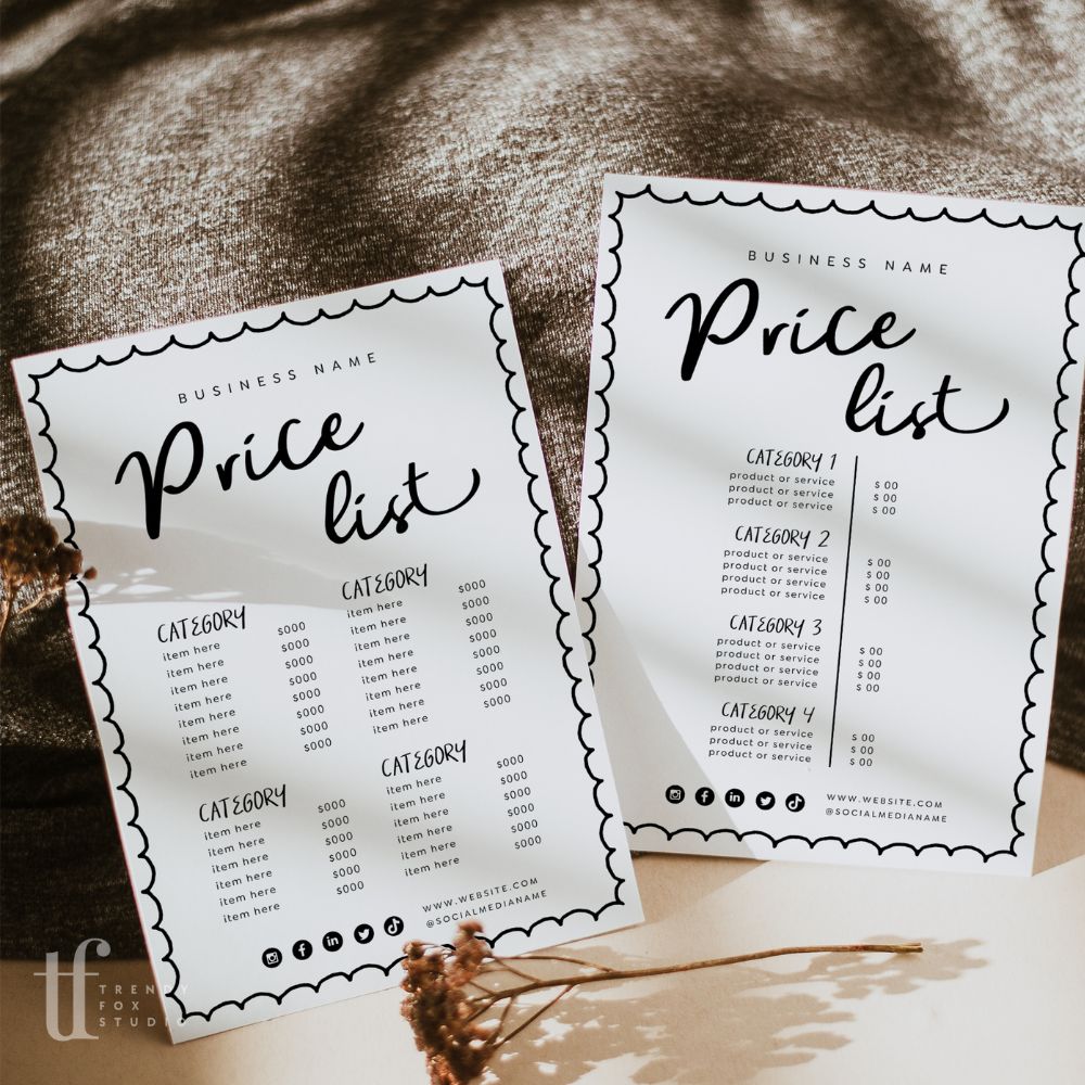 Cute Price List Menu Canva Template | Rose - Trendy Fox Studio