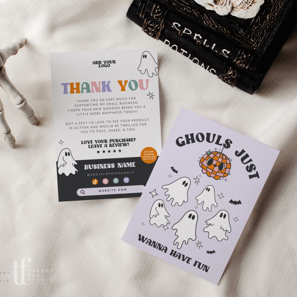 Disco Ghost Halloween Business Thank You Card Canva Template - Trendy Fox Studio