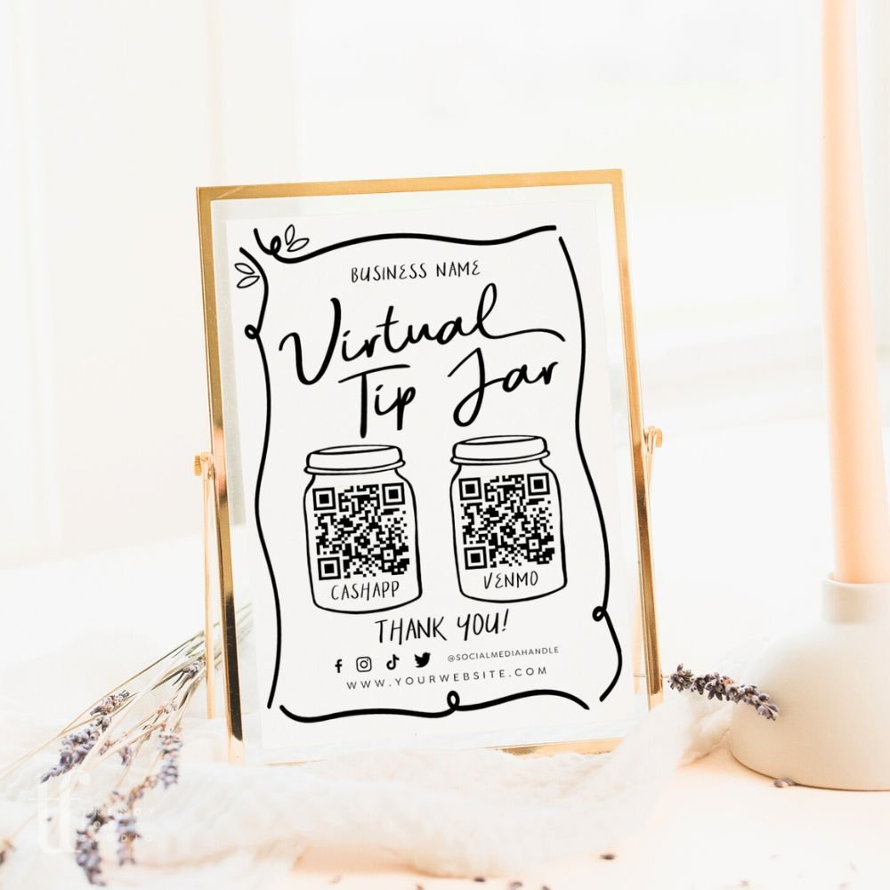 Fun Virtual Tip Jar 2 QR Code Sign Canva Template, Whimsical Hand Drawn | Rose - Trendy Fox Studio