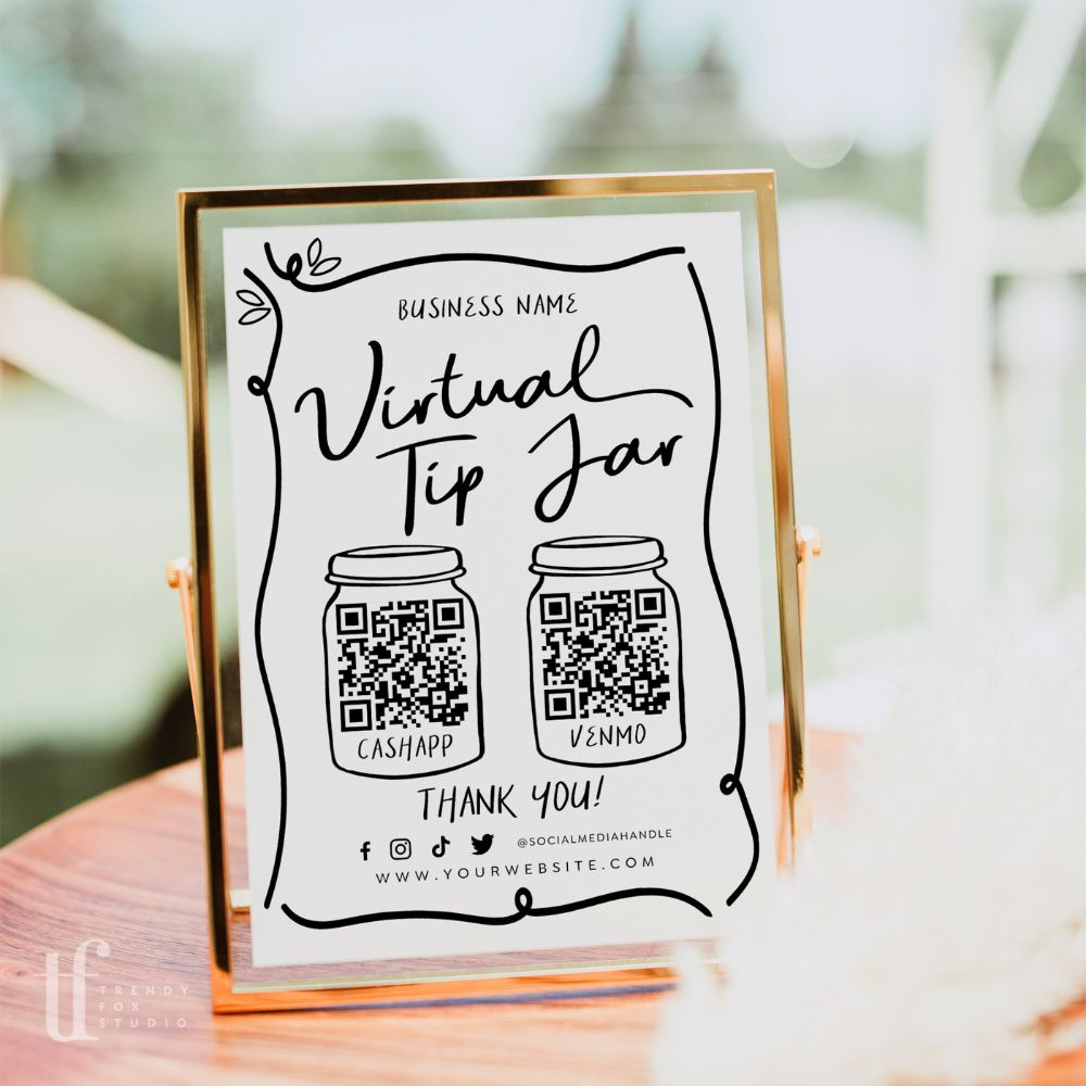 Fun Virtual Tip Jar 2 QR Code Sign Canva Template, Whimsical Hand Drawn | Rose - Trendy Fox Studio