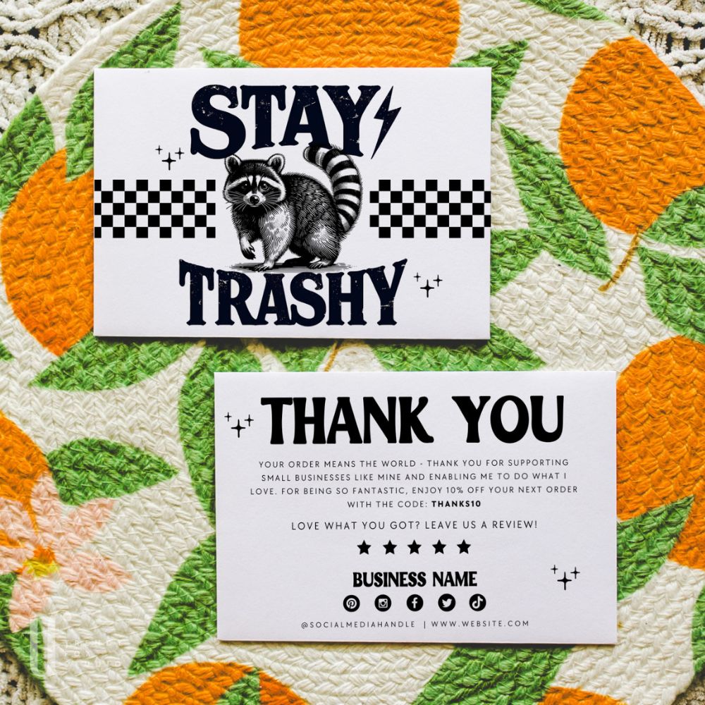 Funny Business Thank You Card Canva Template | Stay Trashy Racoon Sarcastic Package Insert - Trendy Fox Studio