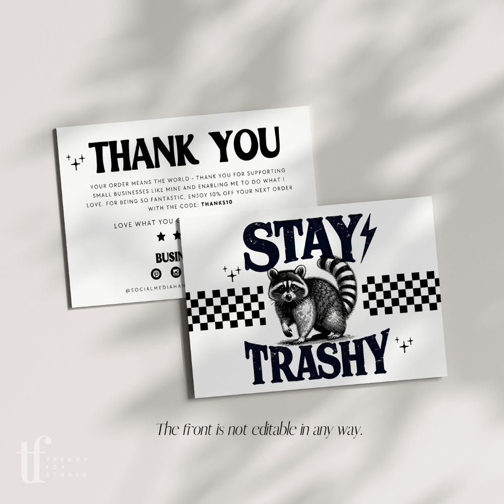 Funny Business Thank You Card Canva Template | Stay Trashy Racoon Sarcastic Package Insert - Trendy Fox Studio