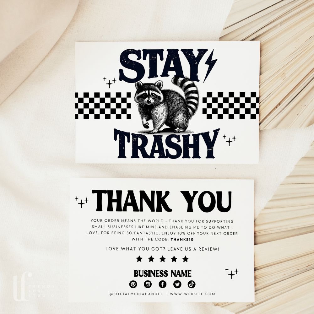 Funny Business Thank You Card Canva Template | Stay Trashy Racoon Sarcastic Package Insert - Trendy Fox Studio