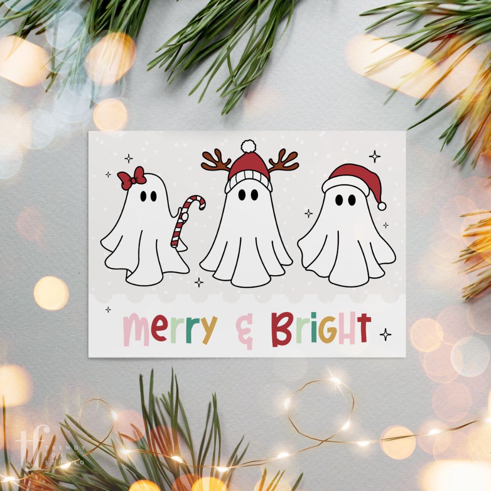 Ghost Christmas Business Thank You Card Canva Template | Boho Rainbow Spooky Holiday - Trendy Fox Studio