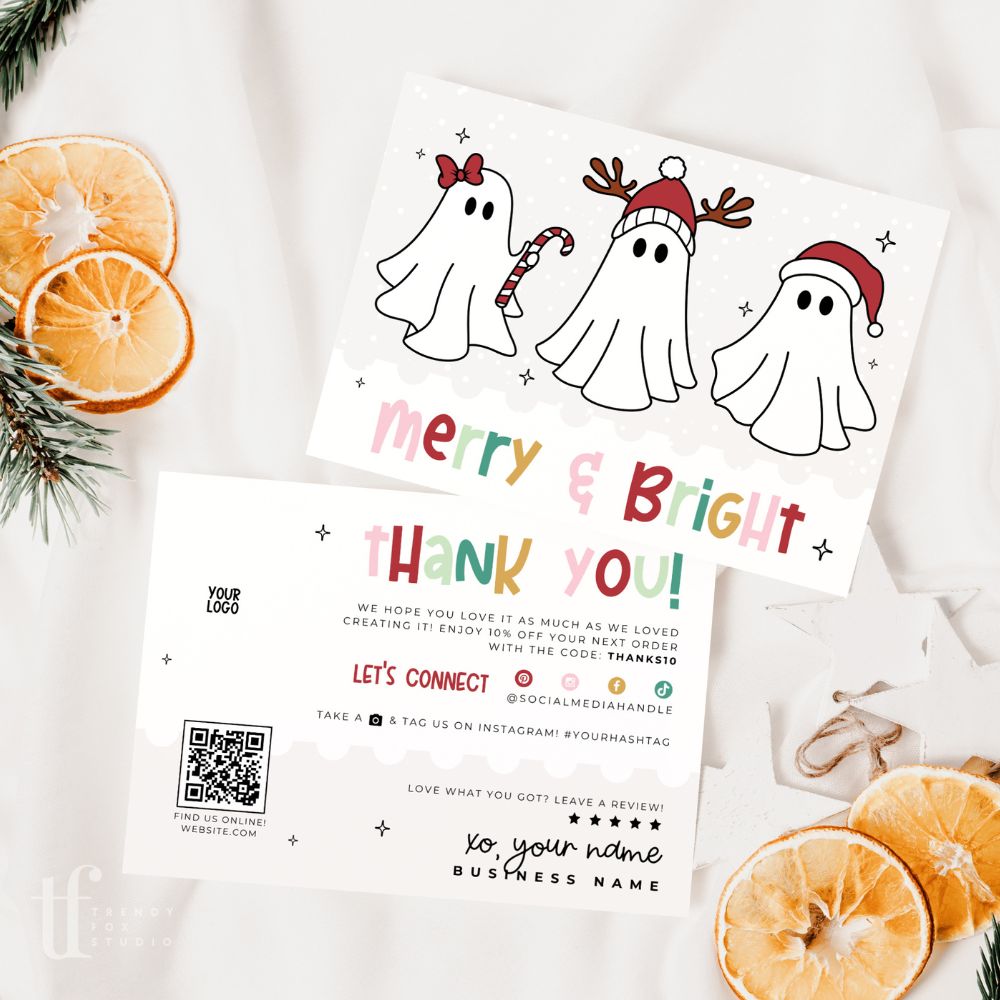 Ghost Christmas Business Thank You Card Canva Template | Boho Rainbow Spooky Holiday - Trendy Fox Studio