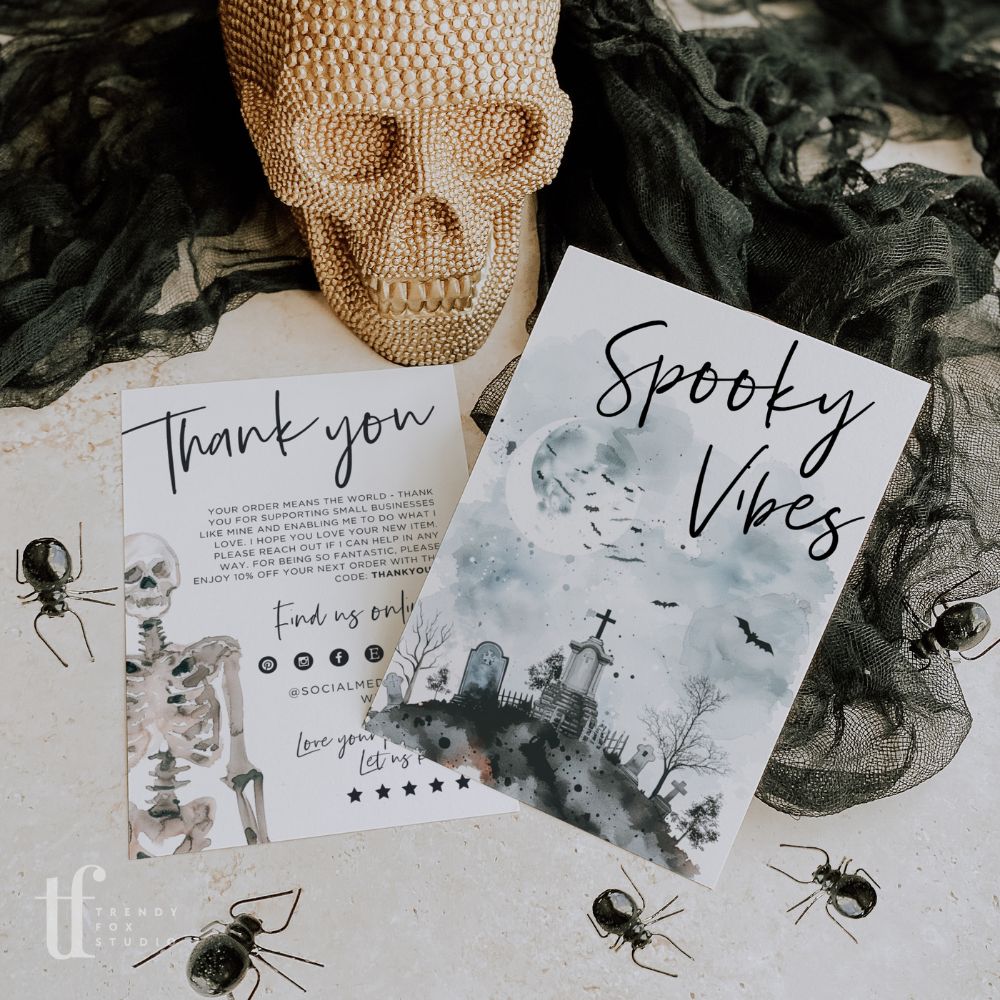 Gothic Halloween Business Thank You Card Canva Template | Watercolor Skeleton - Trendy Fox Studio