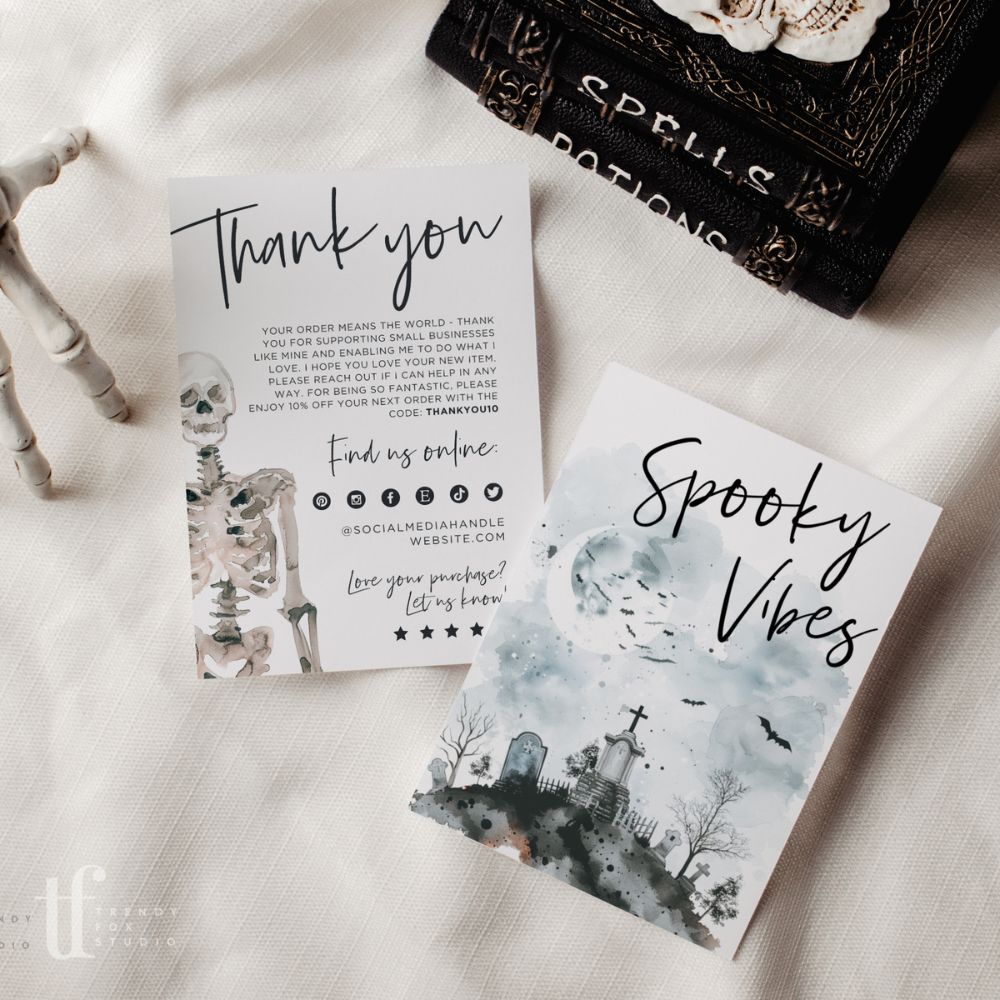 Gothic Halloween Business Thank You Card Canva Template | Watercolor Skeleton - Trendy Fox Studio