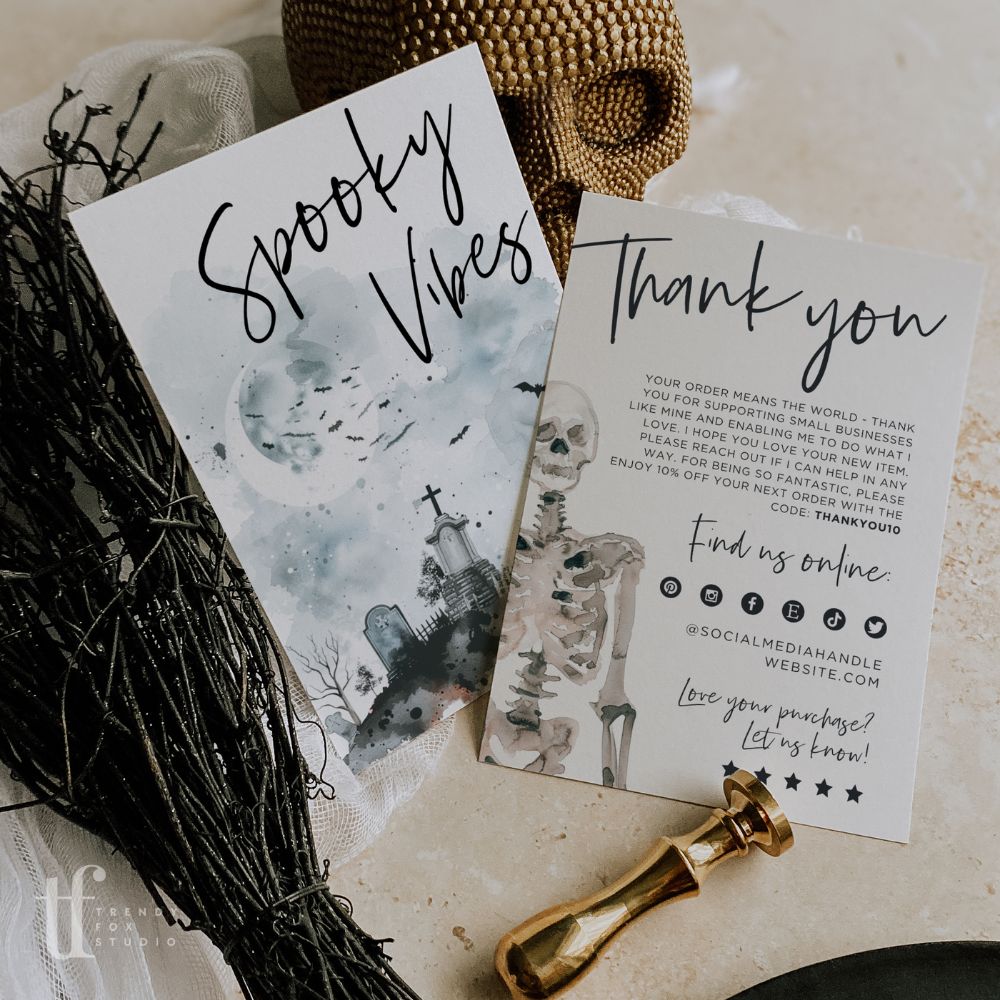 Gothic Halloween Business Thank You Card Canva Template | Watercolor Skeleton - Trendy Fox Studio