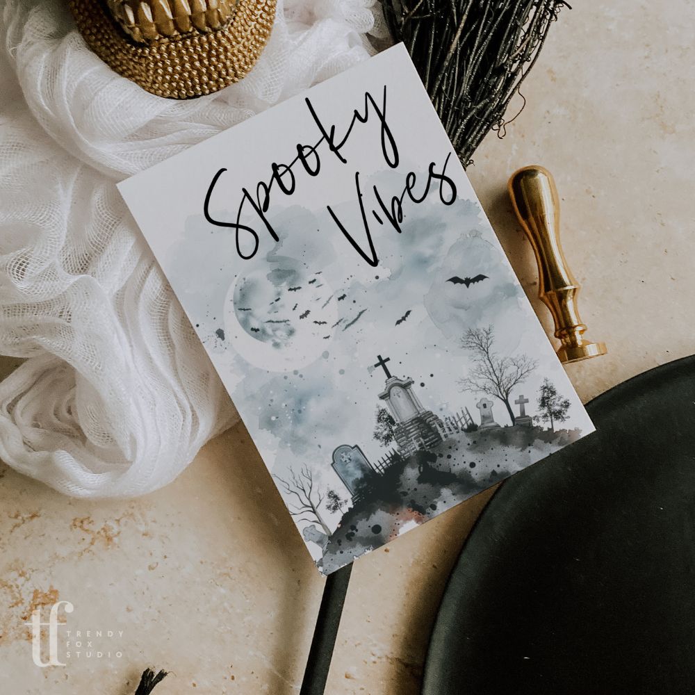 Gothic Halloween Business Thank You Card Canva Template | Watercolor Skeleton - Trendy Fox Studio