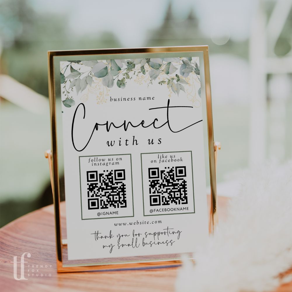 Greenery Connect With Us QR Code Social Media Sign Canva Template | Brie - Trendy Fox Studio